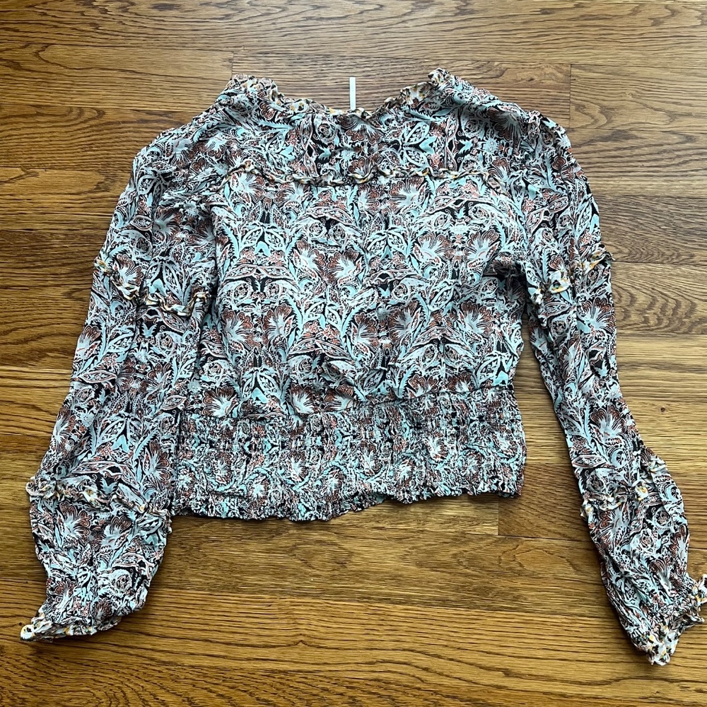 Anthropologie Flounce Ruffle Faux Wrap Blouse V- Neck Long Sleeve Women's Size L - Picture 2 of 10
